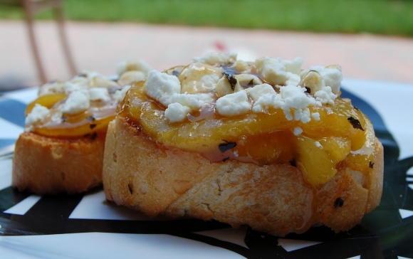 open-faced peach sliders with goat cheese and basil