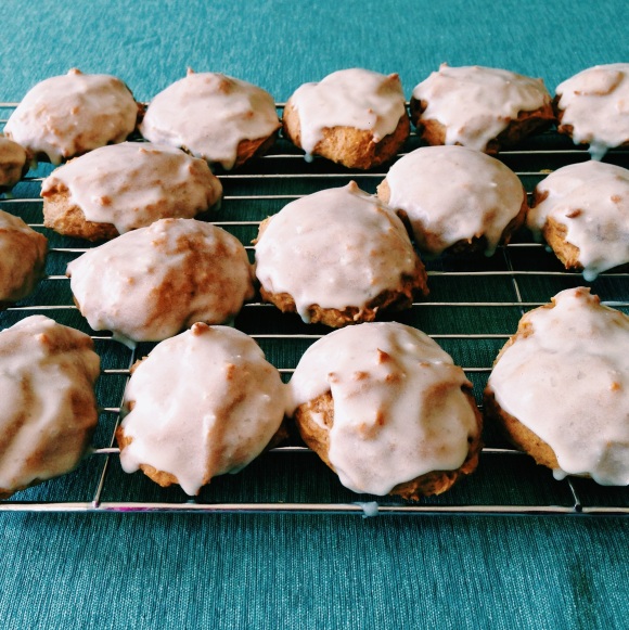 It's 93 degrees outside but this week I pretended it was fall with these frosted pumpkin cookies/cakes. They're really muffies, not cookies, and the frosting is too sweet, but they received recipe requests from people at my dad's office so here you go.